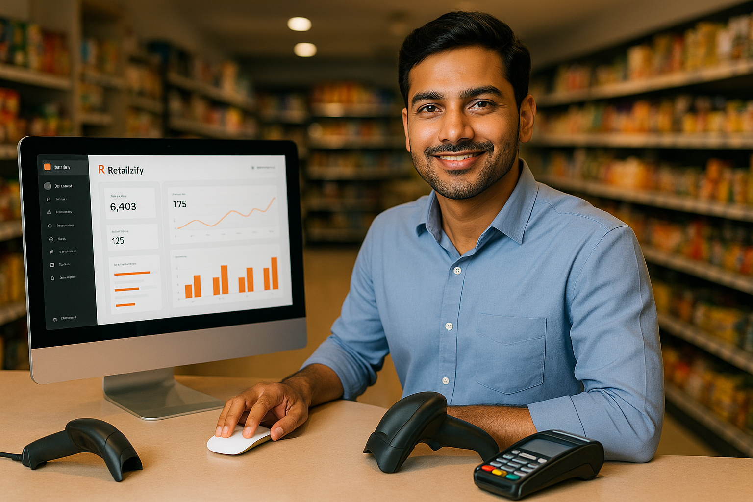 A happy Indian shop owner using Retailzify billing software on his computer.